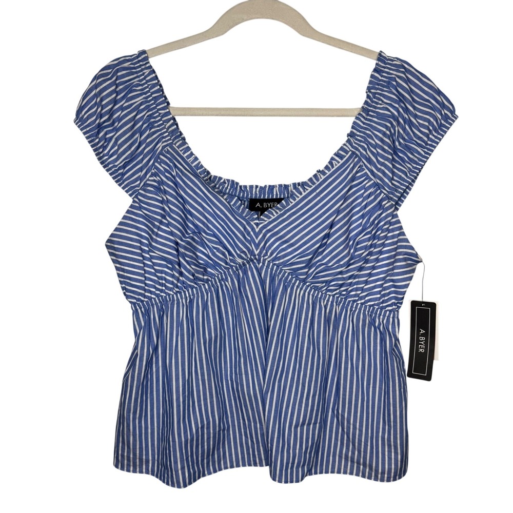 Y2K Babydoll A. Byer Womens Blue White Striped Peplum Top Sweetheart XL NWT